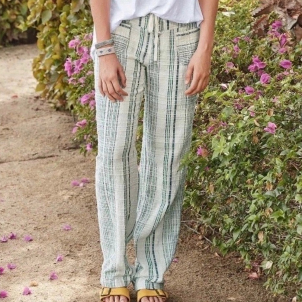 Sundance Cream and Green Vertical Stripe Cotton Drawstring Chinos
